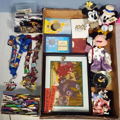 71: Case lot of Disney Workd collector items, pins, pin-back buttons and more