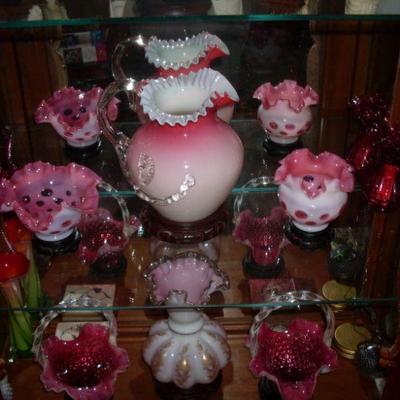 Thomas Webb Peachblow Pitcher and Fenton Bowls