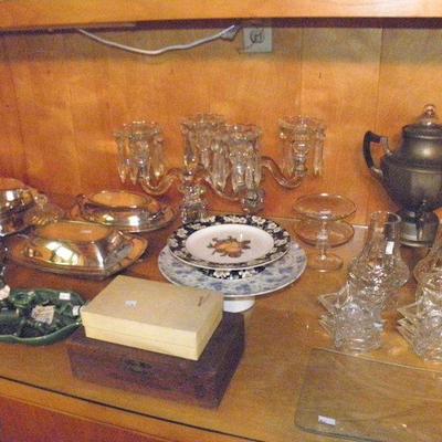 Silverplate serving pieces and glassware