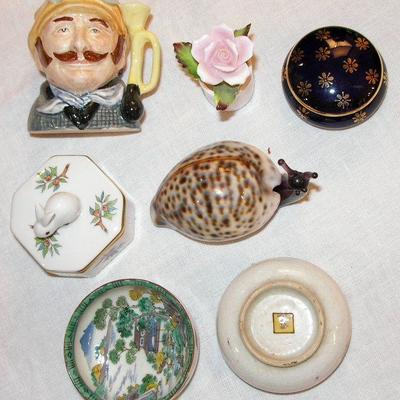 Royal Doulton toby Mug, Herend Trinket Box with Rabbit, Glass Snail, Limoges trinket Box and more