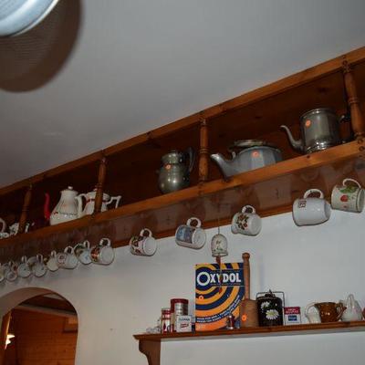 Mugs, Tea Pots, Coffee Pot, Pitcher, & Shelving