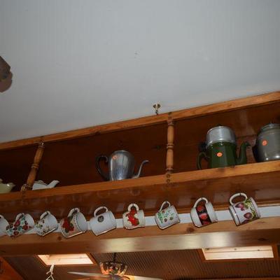 Mugs, Tea Pots, Coffee Pot, Pitcher, & Shelving