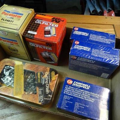 2 oil filters, chain saw blade, 3 new box of crown ...