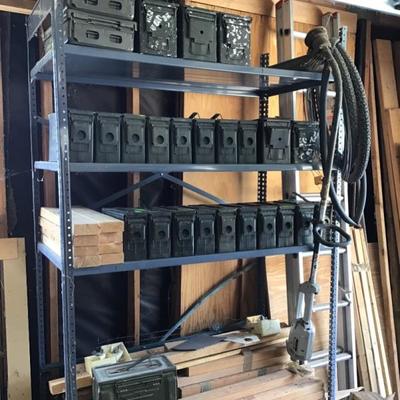 Metal shelving and ammo boxes