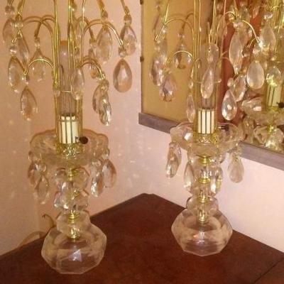 Pair of crystal tear drop dining room or bedroom table lamps