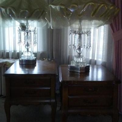 Pair of end tables and pair of crystal lamps with fluted/scalloped shades - excellent condition. 