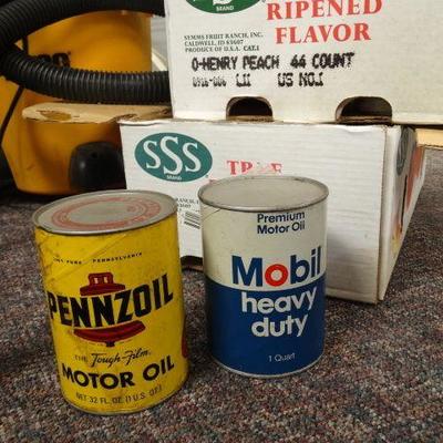 2 boxes empty vintage oil cans