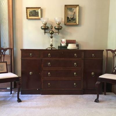 Empire Credenza with Brass Lion Head Pulls, Chippendale Paw Foot Side Chairs