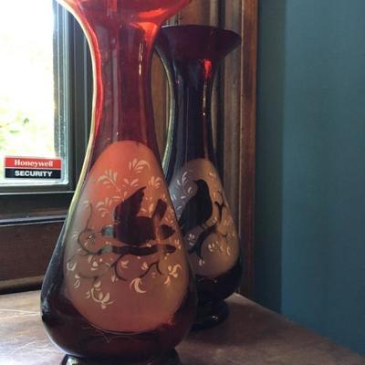 Etched Red Glass Vases with Bird Motif 