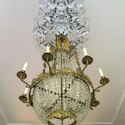 19th c French Empire Gilt Metal and Crystal Chandelier 