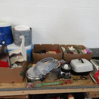 Large lot of Christmas decor, kitchen ware, cooler ...