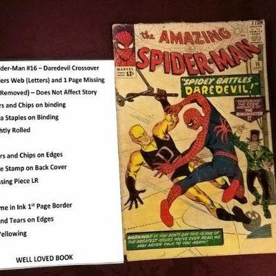 AMAZING SPIDER-MAN #16 â€“ Daredevil Crossover
BOOK:	Spiders Web (Letters) and 1 Page Missing (Ad Removed) â€“ Does Not Affect Story...