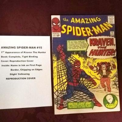 AMAZING SPIDER-MAN #15 â€“ 1st Appearance of Kraven the Hunter
BOOK:	Complete, Tight Binding
COVER:	Reproduction Cover
INSIDE:	Name in...
