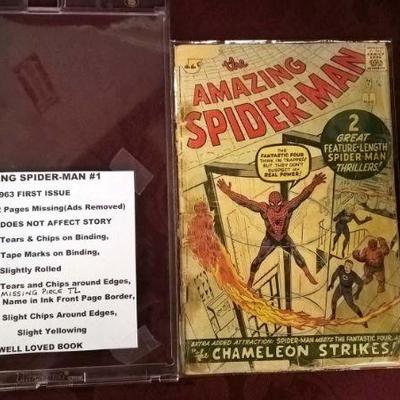 AMAZING SPIDER-MAN #1 â€“ 1963 First Issue
BOOK:	2 Pages Missing (Ads Removed) â€“ DOES NOT AFFECT STORY
	Tears and Chips on binding...