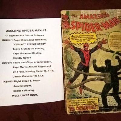 AMAZING SPIDER-MAN #3
BOOK:	1 Page Missing (Ad Removed) â€“ Does Not Affect Story
	Tears and Chips on binding
	Tape Marks on Binding...