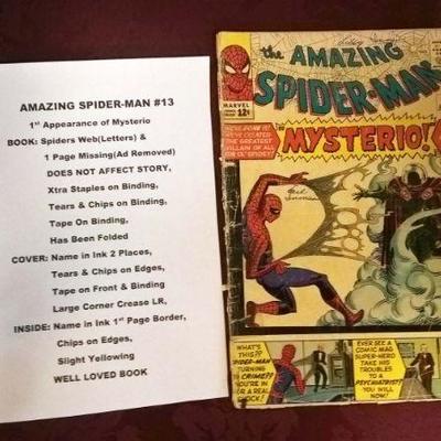 AMAZING SPIDER-MAN #13 â€“ 1st Appearance of Mysterio
BOOK:	Spiders Web (Letters) and 1 Page Missing (Ad Removed) â€“ Does Not Affect...
