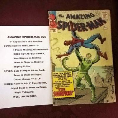 AMAZING SPIDER-MAN #20 â€“ 1st Appearance of The Scorpian
BOOK:	Spiders Web (Letters) and 4 Pages Missing (Ads Removed) â€“ Does Not...