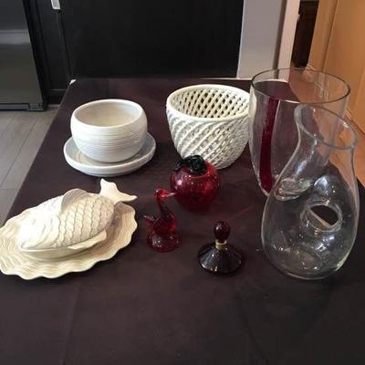 Beautiful Collection of Red Glass Decor and White Pottery