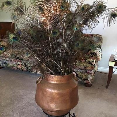 Copper Pot with Peacock Feathers