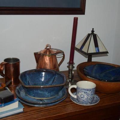 Pottery, Copper Pitcher & Stein, Lamp