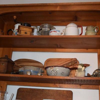 Shelving Unit, Bowls, Misc. Kitchen Items, Cutting Boards
