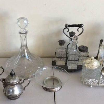 DDD006 Crystal Decanter, Vintage Etched Glass Condiment Sets & More