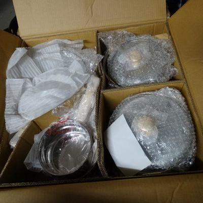 Box of Stainless Steel Pots and Pans