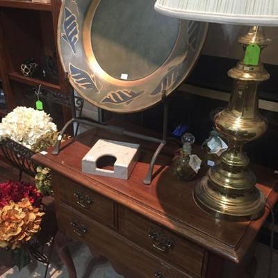 Mahogany Table with Brass Table Lamp 