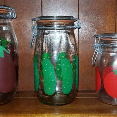 The Cannery Vintage painted bail canisters jars. Eggplant, Pickle and Tomato. $20, $15 and $10