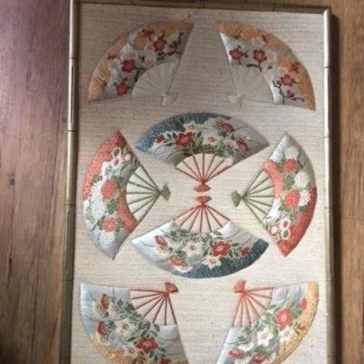 Antique Textile Fabric Art in shape of fans. Framed. Price $40