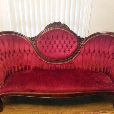 Vintage American Victorian Tufted red sofa. $125. (There are also 2 matching red chairs)