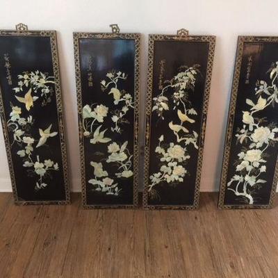 Antique Chinese Hand-Carved Green Stone Hanging Prints ( approx 12