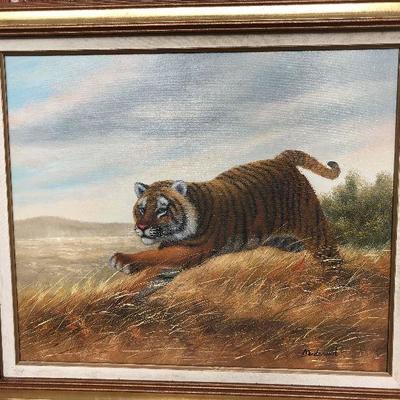 Framed Tiger Oil Painting by McDonald (approx 36