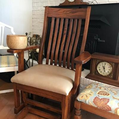 Handcrafted glider chair made locally by Glenrose Custom Cabinets, Belvidere, TN; antique mantel clocks