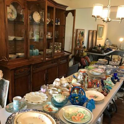 Weiman Rockwood Collection mid-century china cabinet; large assortment antique glassware and collectibles, including Made in Japan,...