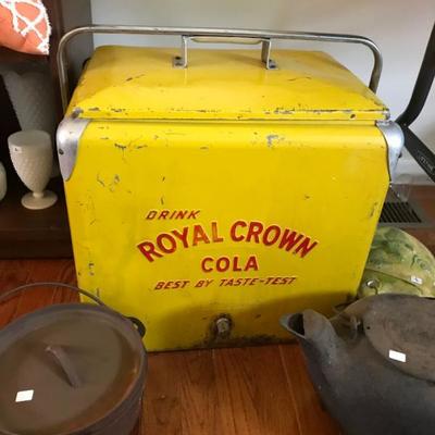 vintage Royal Crown Cola cooler, cast iron pieces