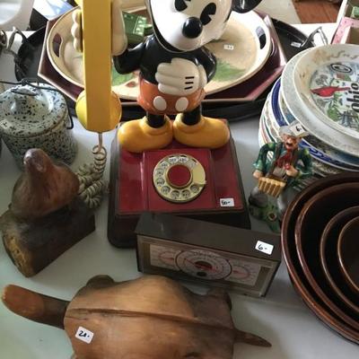 1970s Mickey Mouse telephone; Elvin King carved turtle and quail