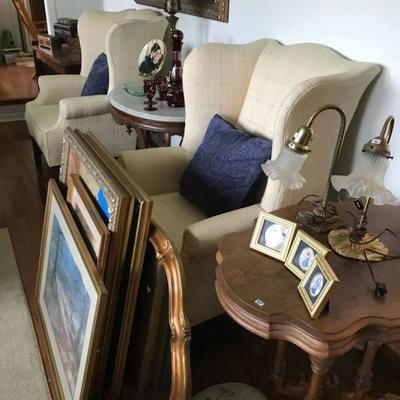 Ethan Allen Chippendale wingback chairs, antique tables, lamps, framed art, mirrors