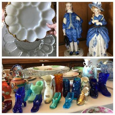 assorted vintage glassware and collectibles, including glass shoes, Fenton, etc.