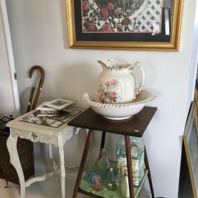 vintage pitcher and wash basin, antique oak table, decor galore!