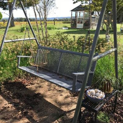 large, heavy swing/stand; assorted outdoor furniture, garden/yard art, planters, pots, etc.