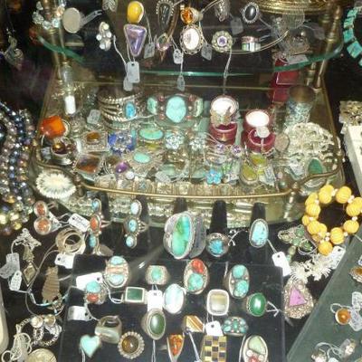 Large selection sterling silver native American turquoise jewelry.