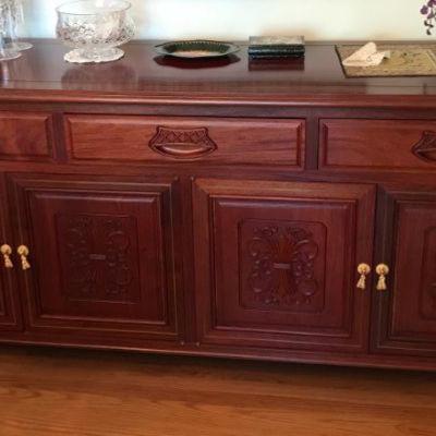 Imported from China in early 1980's Hand Carved Solid Rosewood Buffet Storage Cabinet With Drawers
