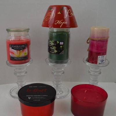 Misc Candle Lot. 5 Candles, 3 Glass Candle Risers, ...