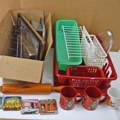 Misc Kitchen Lot. Pans, Dish Drainer, Rolling Pin, ...