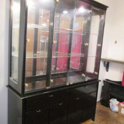 Vintage black Oriental style Chinese hutch and cabinet