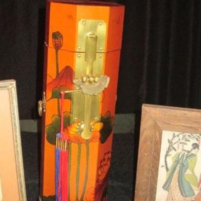 Painted wooden tall / long box with clasp