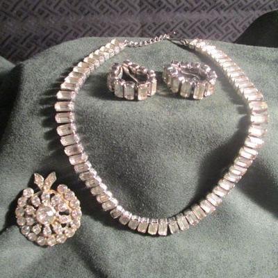 Vintage rhinestone 2-strand choker necklace and matching earrings, and rhinestone vintage broche