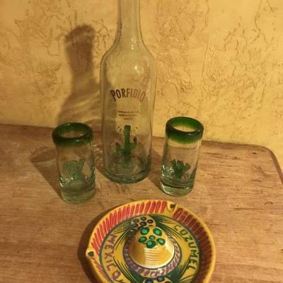 Tequila Bottle and shot glasses and ceramic Sombre ...