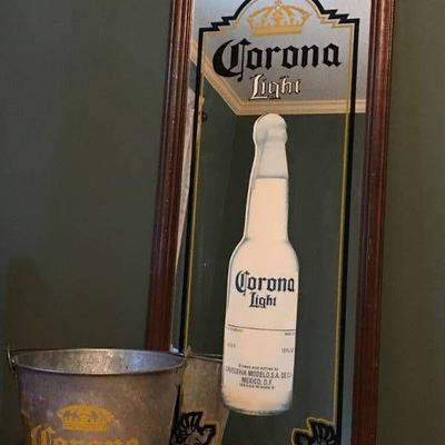 Corona Mirror Bar Sign with galvanized bucket